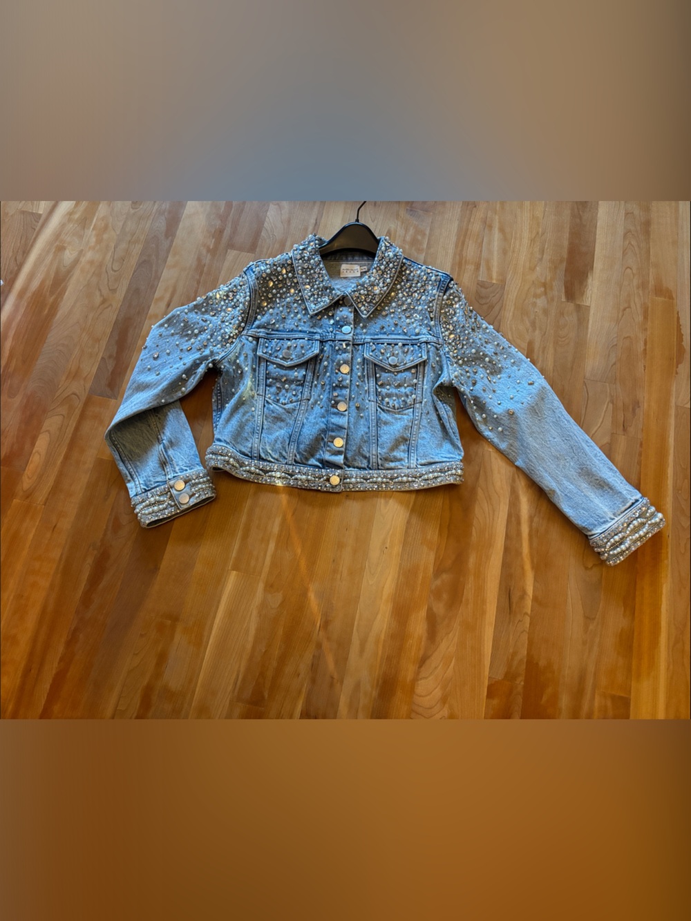 Alice + Olivia Light Blue Pearl-Embellished Denim Jacket